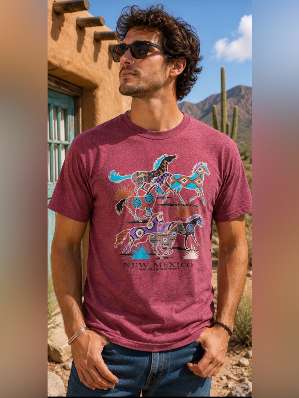Vintage Gildan New Mexico Land of Enchantment Horses Graphic Tee Size Large